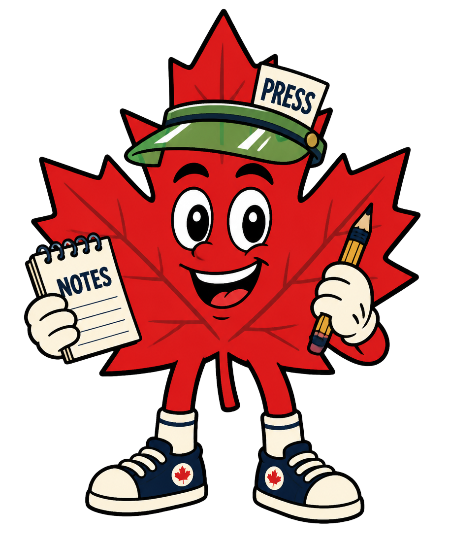 Casino Insider CA cartoon maple leaf reporter holding a notepad